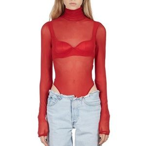 Danielle Guizio Red Sheer Turtleneck Bodysuit